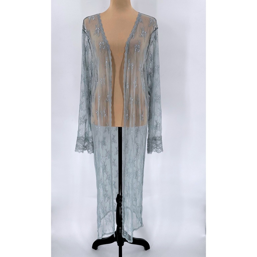 Beyond the Radar Womens Dusty Blue Floral Lace Sheer Longline Duster Cardigan L